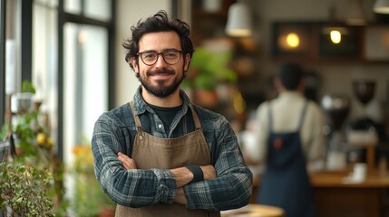 Obraz premium Confident Male Coffee Shop Owner Small Business Portrait