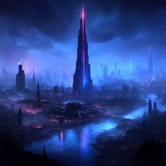 Obraz premium Futuristic city skyline at night, illuminated skyscrapers, glowing river, dark clouds.