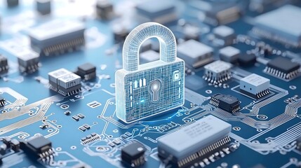 Holographic lock icon overlaid on intricate quantum computing circuits