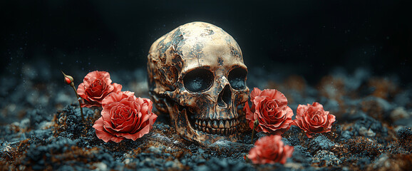 3D vector illustration of red roses and a skull on a black background, a tattoo design for a t-shirt print, in the style of digital art. Gothic style.