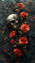 3D vector illustration of red roses and a skull on a black background, a tattoo design for a t-shirt print, in the style of digital art. Gothic style.