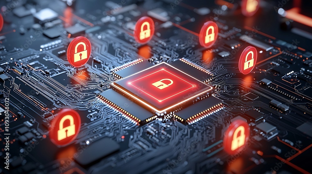 Poster A quantum circuit board with glowing lock icons symbolizing the role of quantum technology in safeguarding digital information and data security