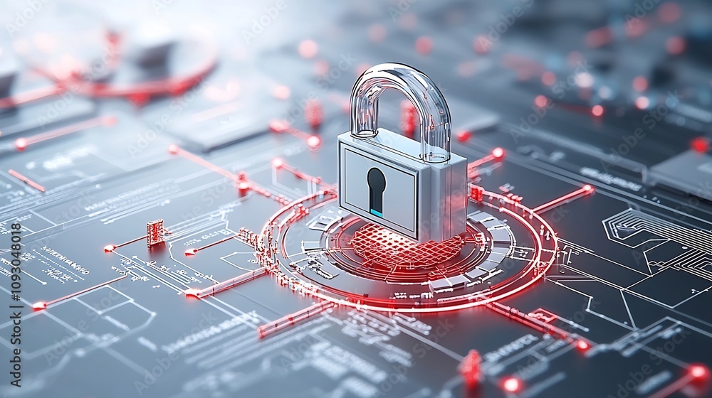 Poster Digital Lock Overlay on Quantum Computing Background Showcasing the Synergy of Quantum Technology and Cryptographic Solutions for Secure Data Protection