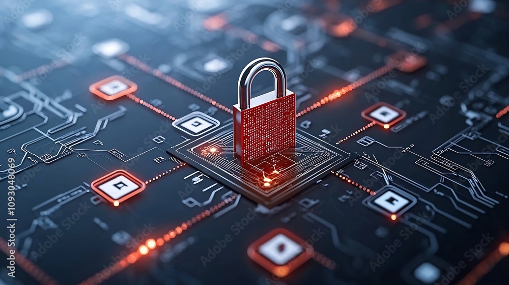 Poster Abstract quantum network with digital keys and lock icons showcasing the use of quantum computing in encryption and cybersecurity applications for safeguarding digital information and enabling secure
