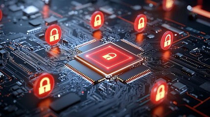 A quantum circuit board with glowing lock icons symbolizing the role of quantum technology in safeguarding digital information and data security