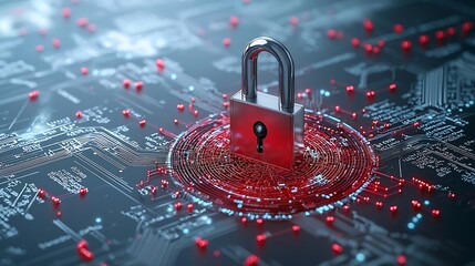 Digital lock overlay on a quantum computing background showcasing the synergy between quantum technology and cryptography for advanced data security and protection