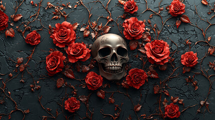 3D vector illustration of red roses and a skull on a black background, a tattoo design for a t-shirt print, in the style of digital art. Gothic style.