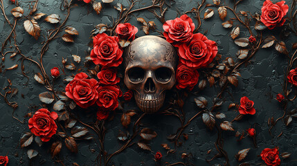 3D vector illustration of red roses and a skull on a black background, a tattoo design for a t-shirt print, in the style of digital art. Gothic style.
