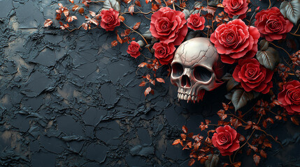 3D vector illustration of red roses and a skull on a black background, a tattoo design for a t-shirt print, in the style of digital art. Gothic style.