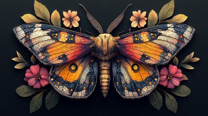 A beautiful, detailed, and ornate illustration of an intricate moth, with flowers and leaves surrounding it. The design features vibrant colors and a symmetrical layout against a dark background.