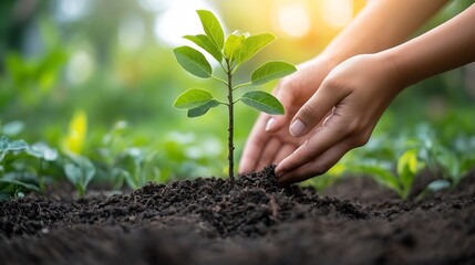 Close up view of human hands gently planting a small tree sapling in rich fertile soil