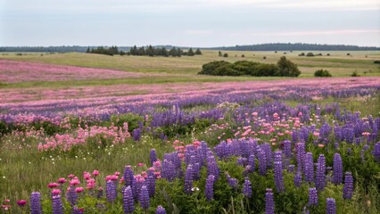 Fototapeta premium A field of purple and pink wildflowers in full bloom, outdoor sightseeing, purple blooms, blooming field