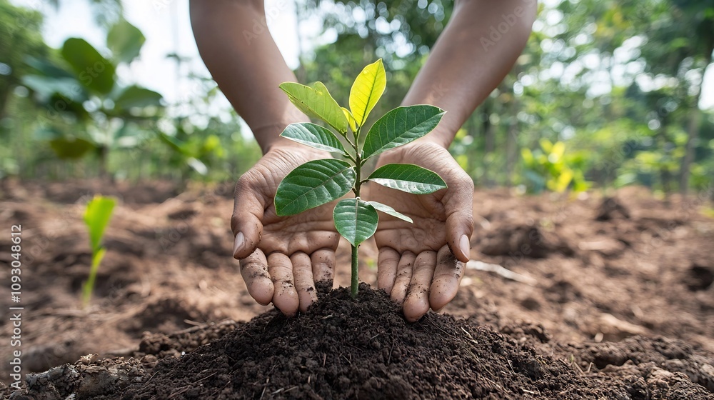 Poster Hands gently holding a small seedling tree ready to be planted in a recovering forest area symbolizing reforestation efforts to restore and revitalize the natural ecosystem