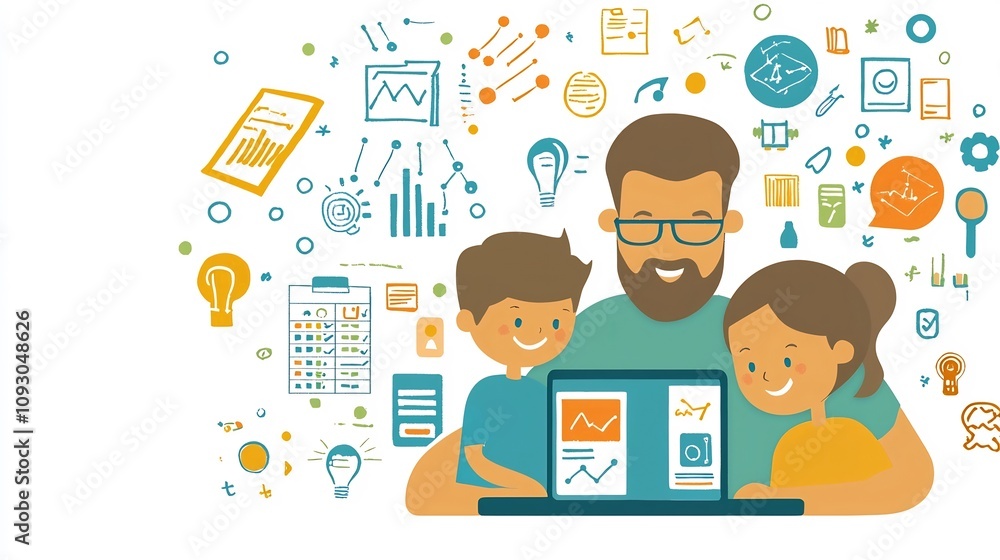 Aufkleber minimalist flat design depicting a family learning and studying together online using a tablet devic