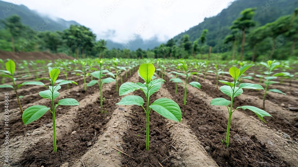 Poster rows of young trees growing in a reforestation project symbolizing the renewal and of a previously d