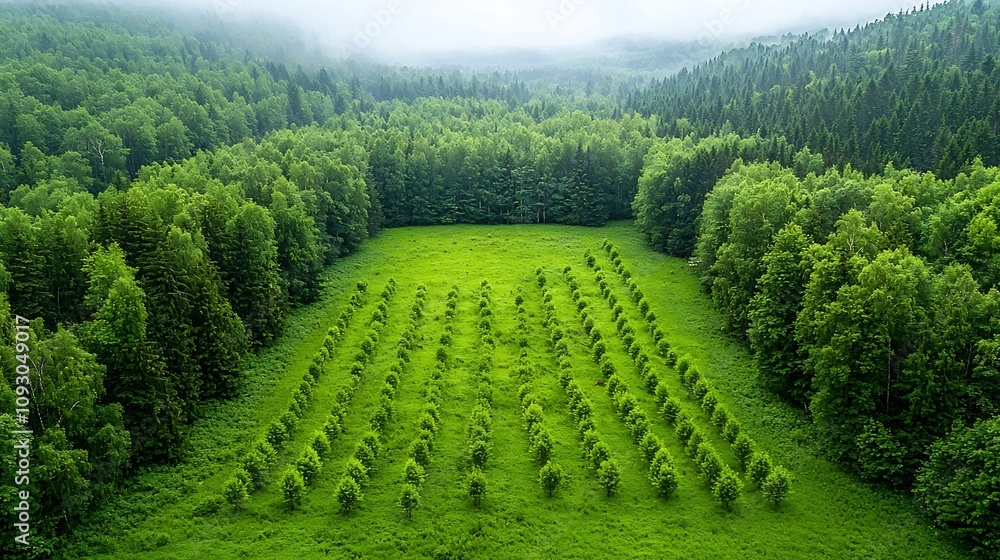 Poster Aerial view of a reforested area with rows of newly planted trees symbolizing hope for forest recovery and environmental sustainability  The image depicts a landscape undergoing a transformation