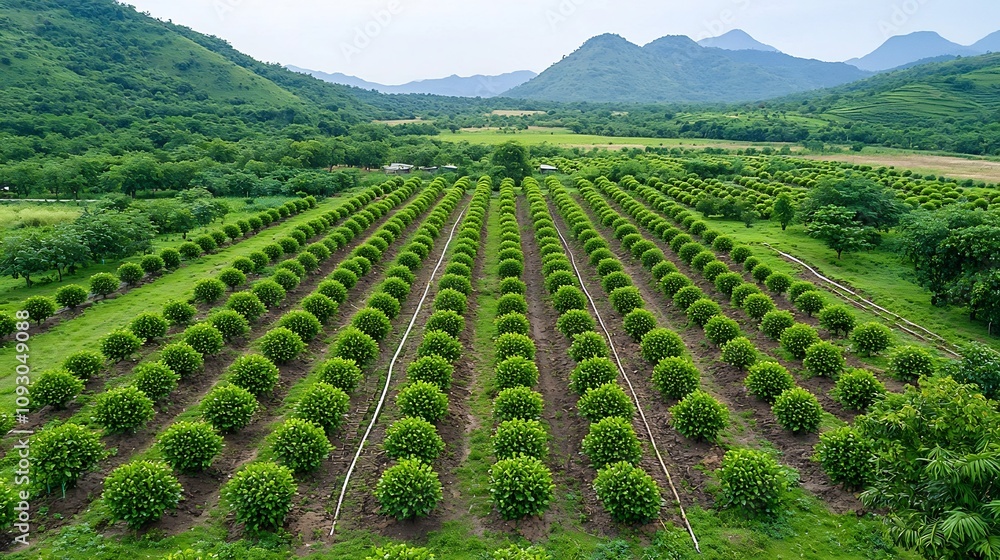 Poster aerial perspective showcasing a reforested landscape with rows of newly planted seedlings representi