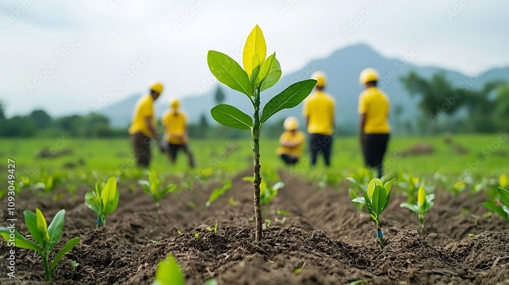 Poster dedicated forest team planting new trees in a field formerly affected by deforestation working to br