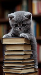 A cute gray kitten sits atop a stack of books, gazing curiously, surrounded by a cozy library backdrop.