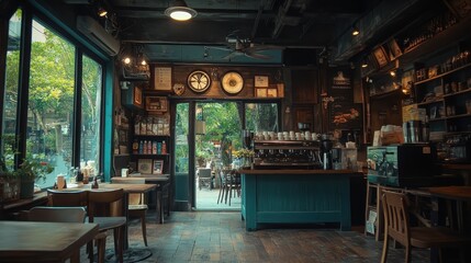 Cozy Coffee Shop Interior Rustic Decor Wooden Tables Espresso Machine