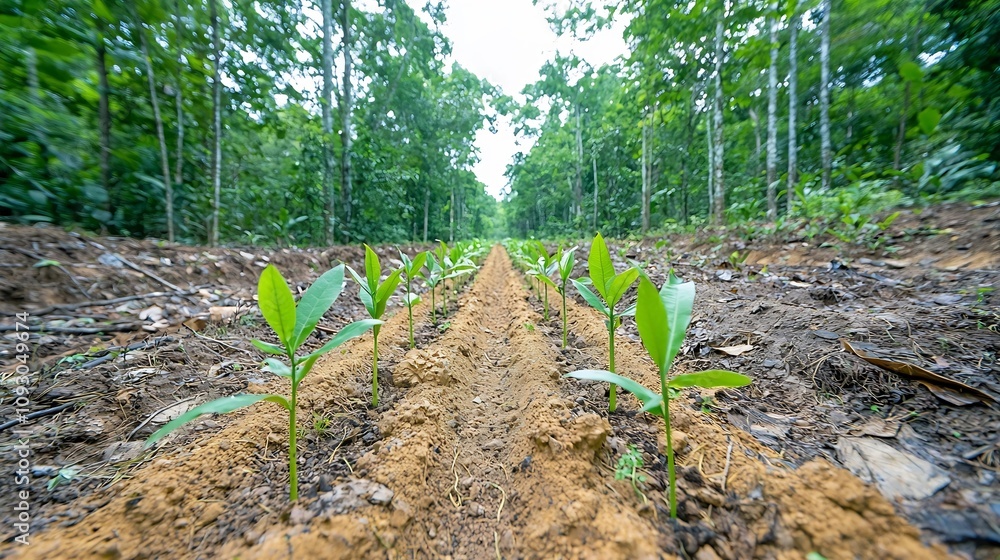 Poster thriving green saplings emerging in a restored forest zone signifying the success of environmental c