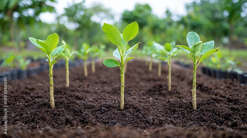 Poster Closeup of soil and freshly planted tree saplings in a reforestation project highlighting the process of environmental and ecological renewal
