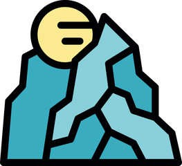 Simple icon illustration representing a snowy mountain with sun shining over it