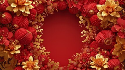 Vibrant red lanterns and golden flowers create a festive atmosphere for celebrations