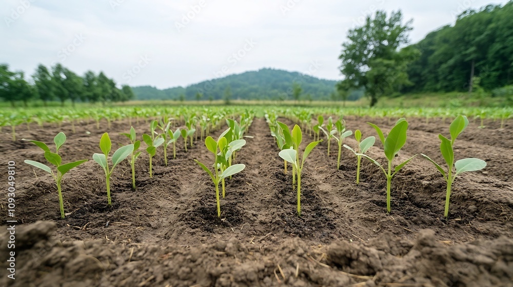 Poster rows of young seedlings and saplings planted in an open field signifying the beginning of a new fore