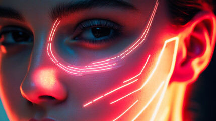 Close-up of a woman's face showcasing futuristic facial contouring with glowing lines, illuminated modern aesthetics