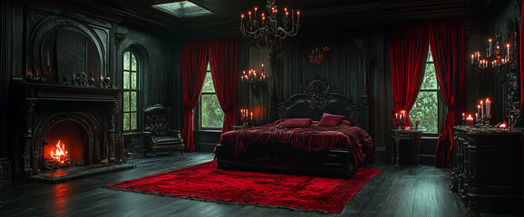 Gothic bedroom with dark red velvet curtains.