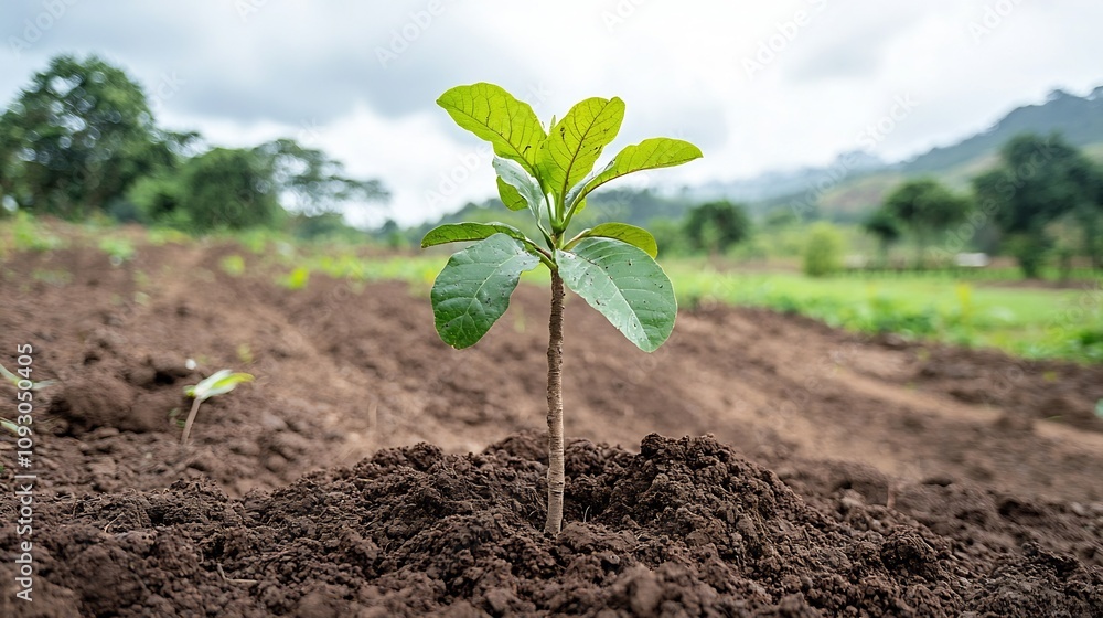 Aufkleber close up view of a thriving young tree sapling growing in fertile soil during a reforestation projec