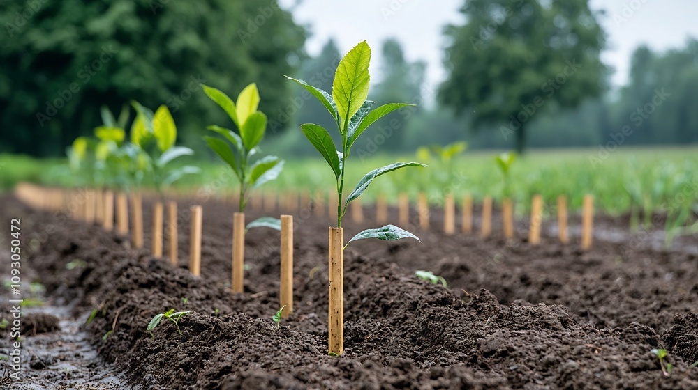 Poster newly planted trees in a formerly deforested area showcasing the dedication and commitment to restor
