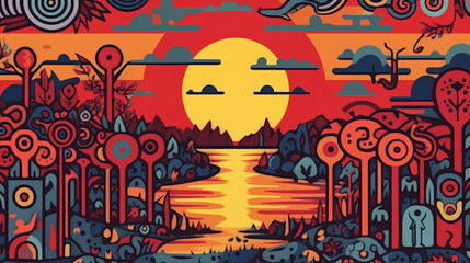 Peace and warmth in the park with the sunset lake