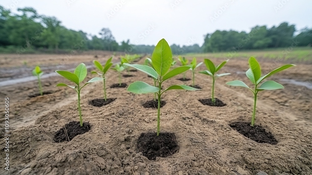 Poster newly planted saplings and seedlings in a previously deforested area demonstrating the dedication to