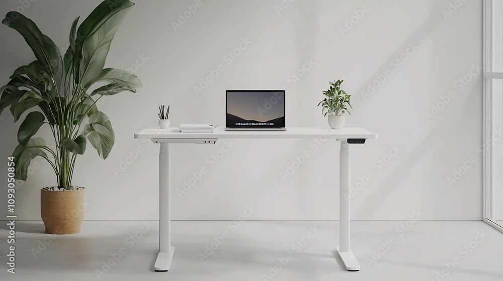 Poster minimalist modern workspace featuring a clean white desk with a laptop computer potted plant and unc