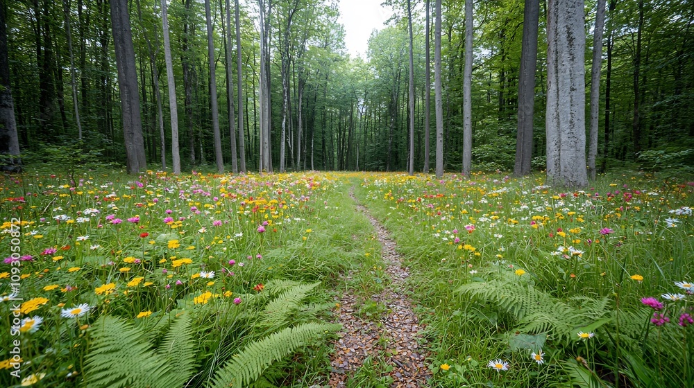 Aufkleber Vibrant forest floor covered in lush ferns and colorful wildflowers surrounded by towering verdant trees creating a serene and peaceful natural landscape