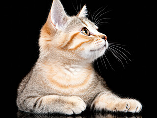 A cat is laying on a black surface with its head up