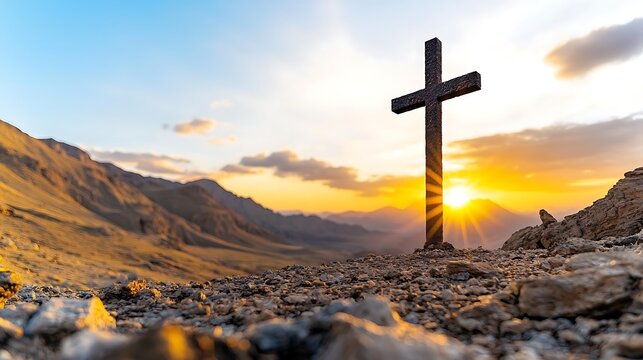 A towering cross stands tall amidst the rugged mountain terrain, a symbol of faith and sacrifice, casting a shadow against the warm hues of the setting sun during Holy Week.