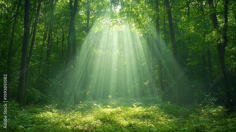 Poster captivating scene of a dense lush forest canopy with sunlight streaming through highlighting the ric