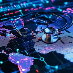 Medical stethoscope lies on a digital tehnology medical table in the form of a world map. World Medicine Day