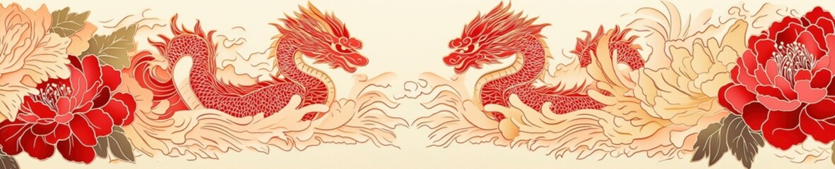 Intricate decorative border featuring red dragons and floral elements amid waves of elegance