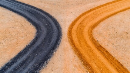 Obraz premium A Beautiful Intersection of Black and Orange Roads Inviting Choices on a Dusty Terrain Landscape. Adaptability Quotient Concept