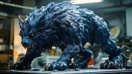 A studio environment showing an artist sanding and refining the edges of a 3D-printed monster art toy