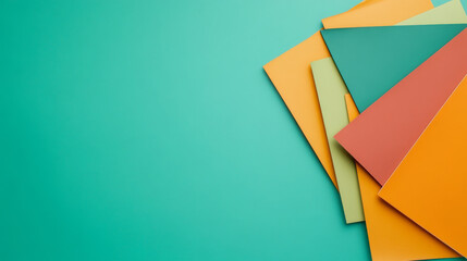 Colorful paper sheets arranged on vibrant teal background, creating lively and artistic composition. mix of orange, green, and yellow papers adds playful touch
