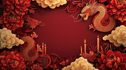 Festive border featuring a swirling dragon and vibrant flowers for celebratory occasions