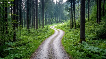 Fototapeta premium A winding forest path meandering through a lush verdant landscape filled with towering trees and abundant foliage symbolizing the beauty and serenity of unspoiled nature