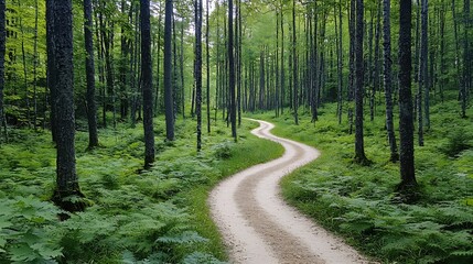 Obraz premium Serene winding forest path leading through a verdant landscape filled with lush foliage tall trees and a diverse array of plant life showcasing the beauty and tranquility of unspoiled nature