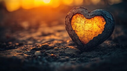 Fototapeta premium A rustic heart-shaped object glowing in warm sunlight, symbolizing love and warmth in nature's embrace.