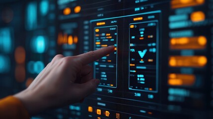 Modern Data Visualization Interface with User Interacting through Touch on Interactive Screen for Analytics and Information Display in Futuristic Environment